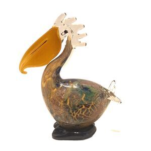 Vintage Murano Style Art Glass Pelican Figurine Blues, Green, Copper  6.5"